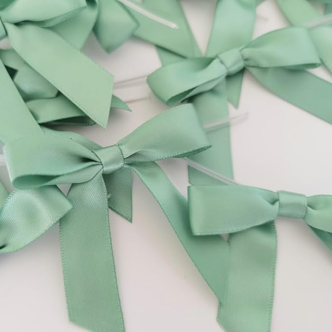50pcs 2-1/2" Vanilla Green Satin Ribbon Bows with Twist Ties Celadon Satin Ribbon Bows for Candy Party Decoration Gift Packing Wrapping Accessories(2.5“,Vanilla)