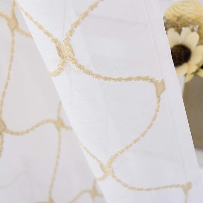 MYSTIC-HOME Embroidery Gold Sheer Curtains 84 Inches Long, Rod Pocket Sheer Drapes for Living Room, Bedroom, 2 Panels, 52"x84", Semi Crinkle Voile Window Treatments for Yard, Patio, Villa, Parlor.