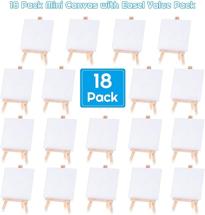 Mini Canvases 18 Pack, Cridoz Small Painting Canvas with Mini Easel 4x4 Inches Art Canvases Painting Kit for Kids Teenagers Acrylic Pouring Oil Water Color
