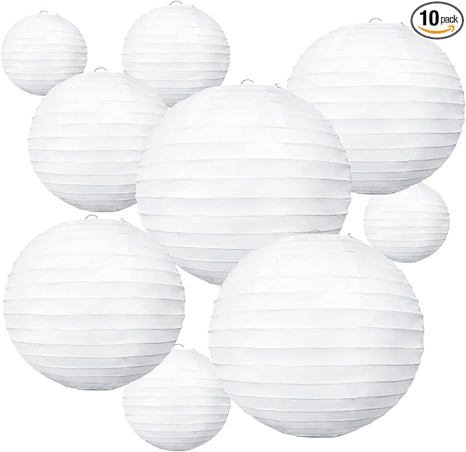 BEISHIDA 10Pcs White Paper Lanterns Decorative Chinese/Japanese Hanging Round Paper Lanterns Lamp for Birthday, Wedding, Christmas, Bridal, Home Decor, Party Decoration(Size of 4”, 6”, 8”, 10”)