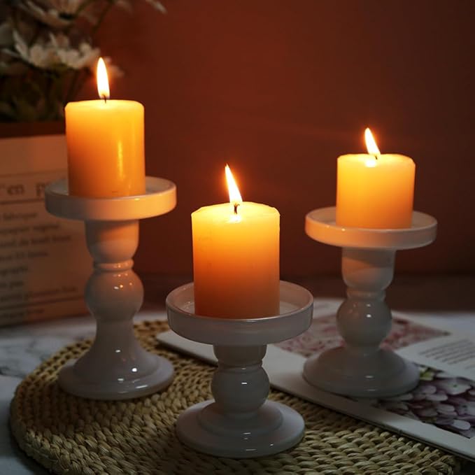 6-Piece Set of White Glass Candlestick, Crystal Candlestick Holder Holder and Conical Candle, Christmas Candle Holder Decoration, Family Living Room Wedding Candle Holder (white2sets)