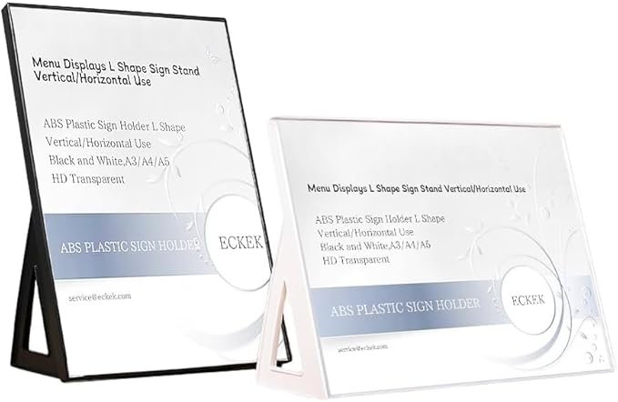 ABS Plastic Sign Holder，Menu Displays L Shape Sign Stand Vertical/Horizontal Use (White A5 148×210mm/5.83×8.27inches)