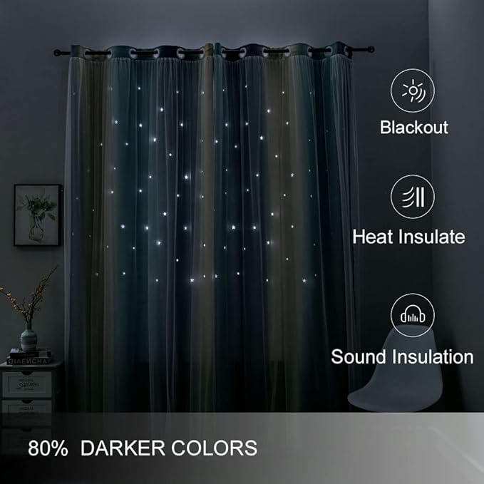 FANLI Ombre Rainbow Blackout Curtains for Kid Girls Bedroom Living Room Darking Stripe Double Layer Star Cut Out Wall Home Decor Gradient Grommet Window Curtains (Blue/Yellow, 52W x 63L)