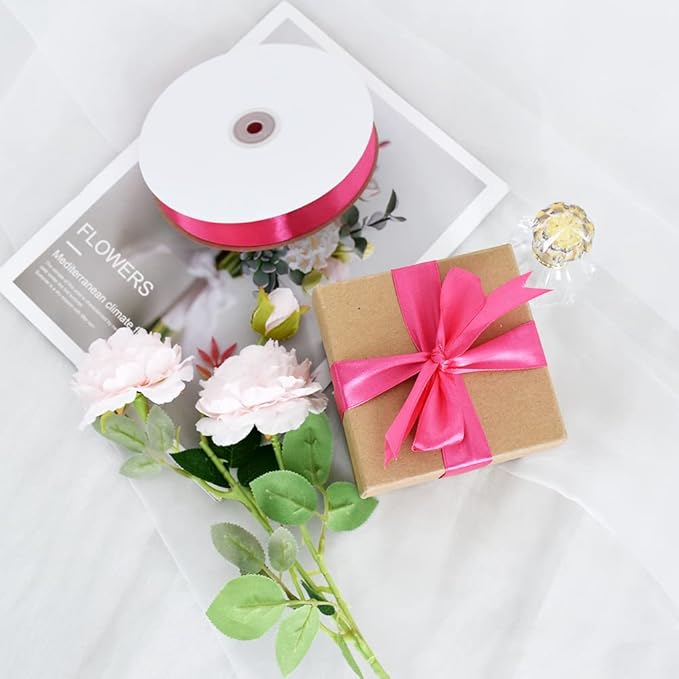 TONIFUL 1 Inch x 100yds Shocking Pink Satin Ribbon, Thin Solid Color Satin Ribbon for Gift Wrapping, Crafts, Hair Bows Making, Wedding Party Decoration, Invitation Cards, Floral Bouquets