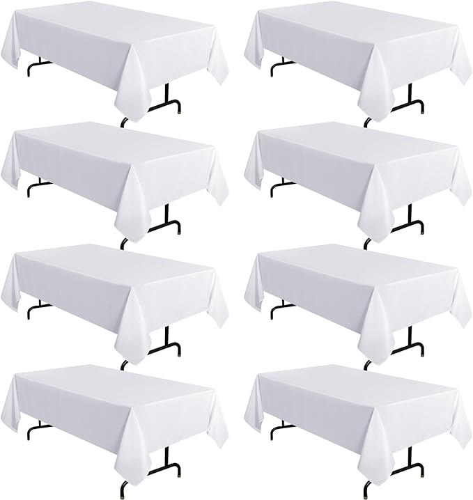 sancua 8 Pack White Tablecloth 60 x 120 Inch, Rectangle Table Cloth for 8 Feet Tables - Stain and Wrinkle Resistant Washable Polyester Table Cover for Dining Tables, Buffet Parties and Camping
