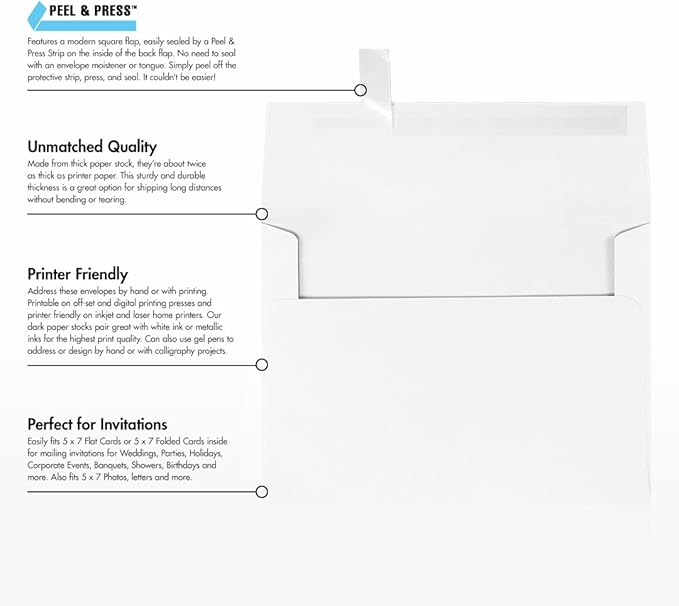LUXPaper A7 Invitation Envelopes | Peel & Press | 5 1/4" x 7 1/4" | Brilliant White | 80lb. Text | 100% Cotton | 250 Qty