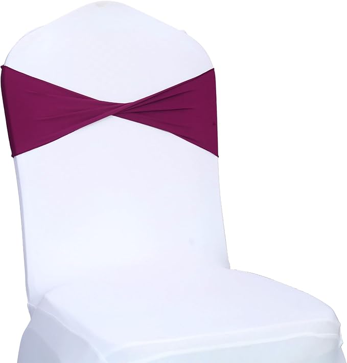 MDS Pack of 25 Spandex Chair Sashes Bows Elastic Stretch Dining Chair Bands Ties Without Slider Buckle Universal fits for Wedding Baby Shower Birthday Party Banquet Event Decoration - Eggplant
