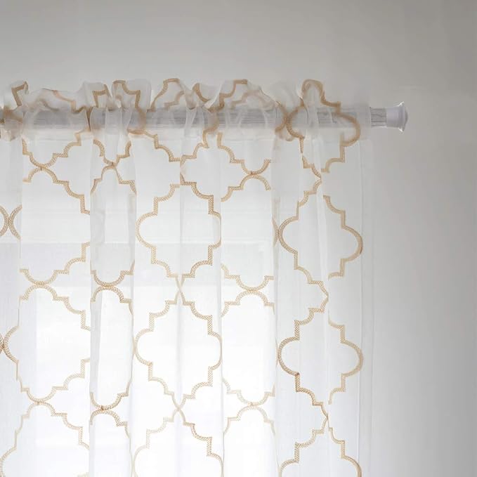 Sheer Curtains Gold 95 Inches Long, Rod Pocket Drapes for Living room, Bedroom, Embroidered Moroccan Tile Lattice Design Semi Crinkle Voile Curtain Panels for Patio, Villa, Parlor, Set of 2, 52"x95".