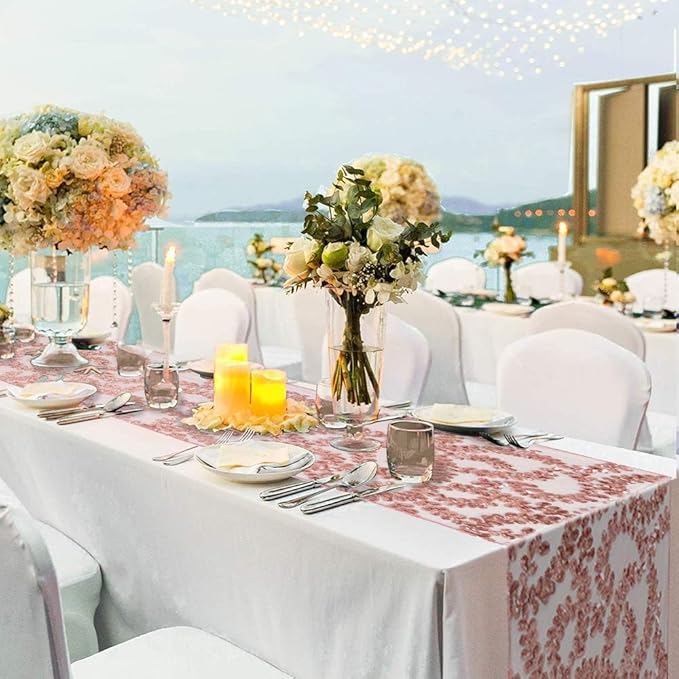 Sequin Table Runners 2 Pieces Rose Gold Flower Table Runners 12x72 Inch Glitter Dining Table Cover for Party Wedding Birthday Reception Banquet Decoration Spring Party Chair Sashes