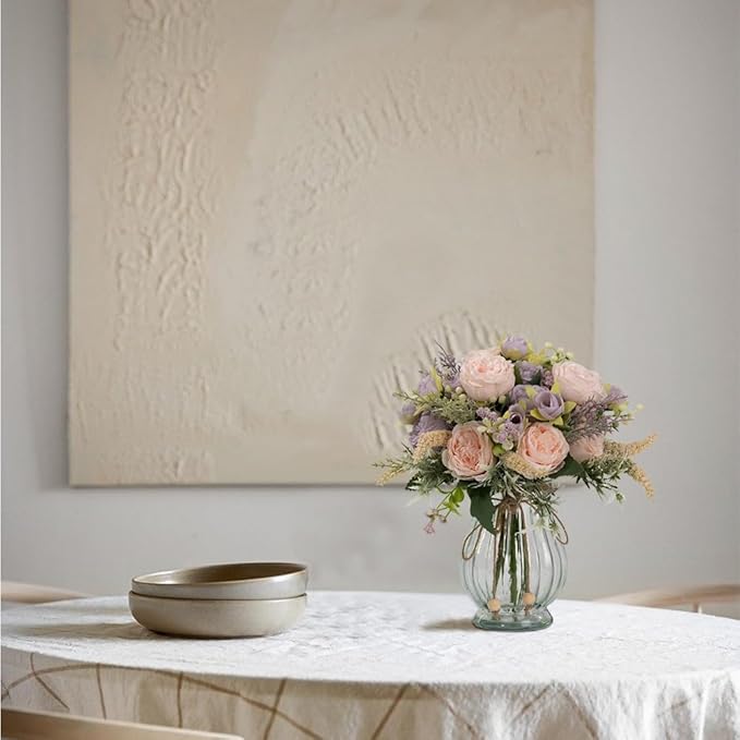 Artificial Peonies Silk Flowers Bouquet in Glass Vase Faux Flowers Bouquets Modern Penoy Arrangement for Home Decoration Table Centerpiece (Bouquet-Pink Purple)