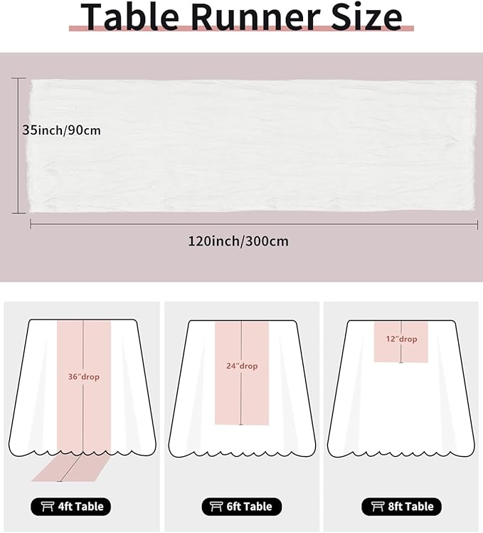 Ivory White Cheesecloth Table Runner 120 Inch, Boho Rustic Gauze 10 FT, Summer Cheese Cloth Runner for Wedding, Baby Bridal Shower, Party, Farmhouse Centerpiece Home Decorations