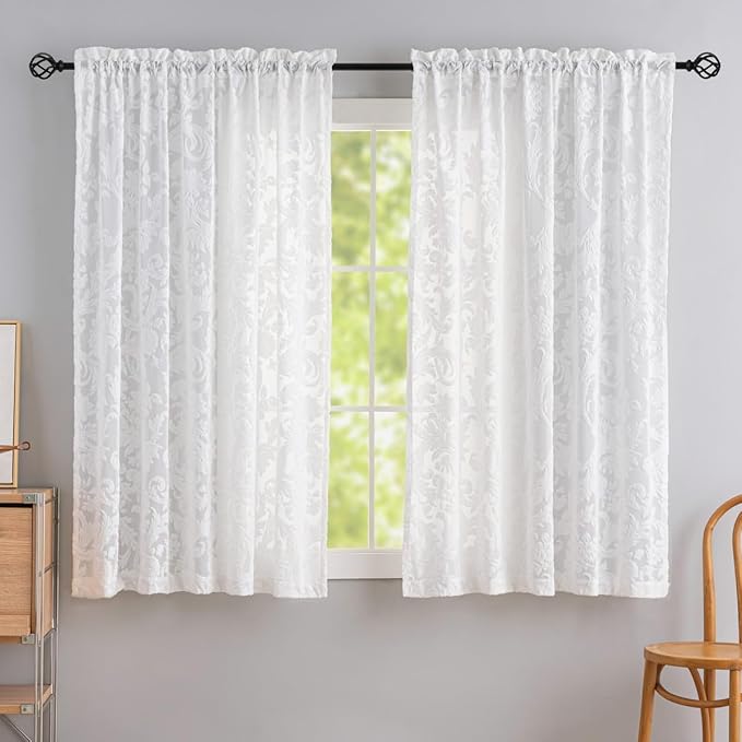 Curtains Sheer White Curtain Panels Boho Farmhouse Drapes with Vintage Floral Pattern 45" Short Length Rod Pocket for Bedroom Living Room Windows French Elegance 3D Relief, Set of 2 (52" Wide Each)