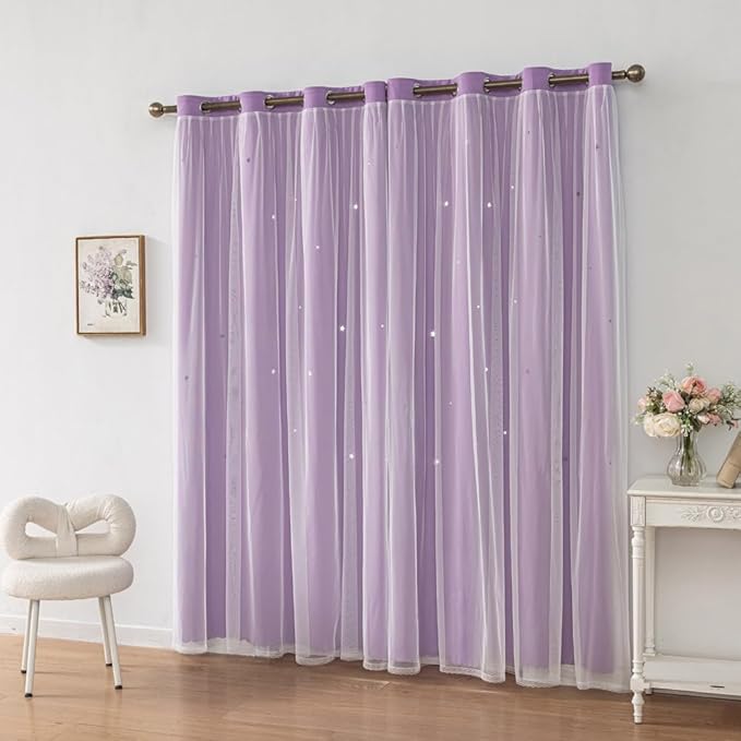 Ombre Rainbow Blackout Curtains for Kid Girls Bedroom Living Room Darking Stripe Double Layer Star Cut Out Wall Home Decor Gradient Grommet Window Curtains (Purple 84L)