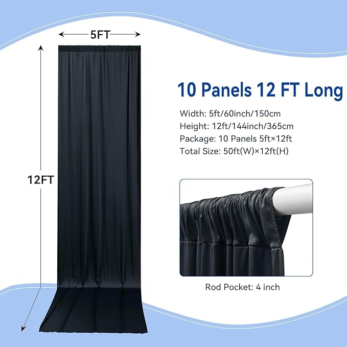 50x12ft Wrinkle Free Black Backdrop Curtain for Wedding Parties,10 Panels 5×12 ft Long Soft Silky Polyester Fabric Backdrop Drapes Black Photo Back Drop Curtains for Party Photography Background Cloth
