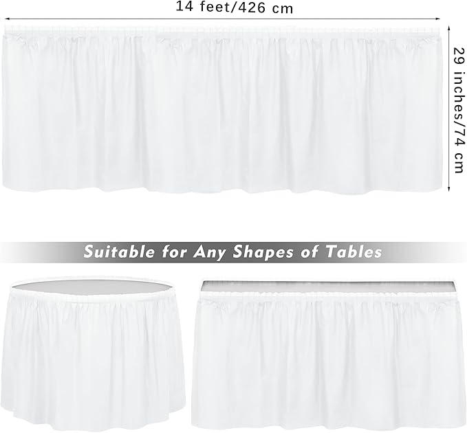 TURSTIN 4 Pieces White Plastic Table Skirts 14 Feet x 29 Inch for Rectangle Tables Fitted Tablecloth Disposable Table Cover for Birthday Party, Events, Banquette Baby Shower