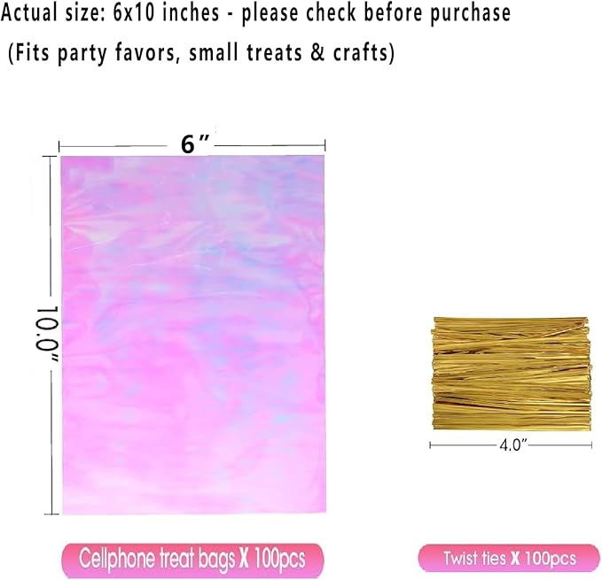 SUREHOME Cellophane Bags, 100 Pcs 6x10 Inches Clear Treat Bags with Ties Plastic Gift Bag Holographic Iridescent Pink Goodie Bag for Party Favors Wedding Candy Valentine Snack Popcorn Cookies Packing