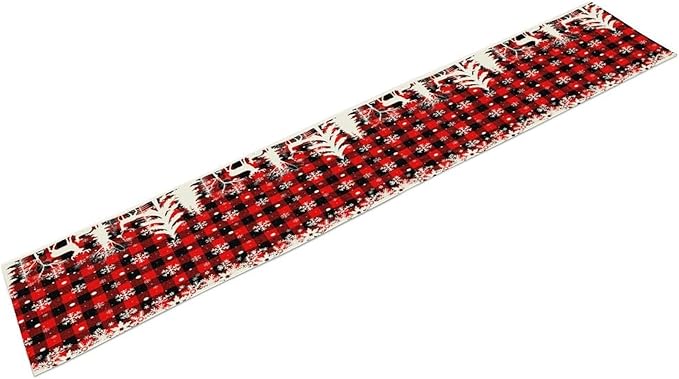 Christmas Table Runner,Red Black Plaid Xmas Snowflakes Deer Trees Print Tablecloth Burlap for Hotel Indoors Outdoor Dining Room Kitchen Home Decor,W13X L60 in