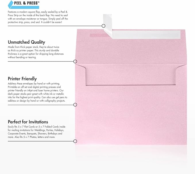LUXPaper A7 Invitation Envelopes | Peel & Press | 5 1/4" x 7 1/4" | Rose Quartz Metallic | 80lb. Text | 250 Qty