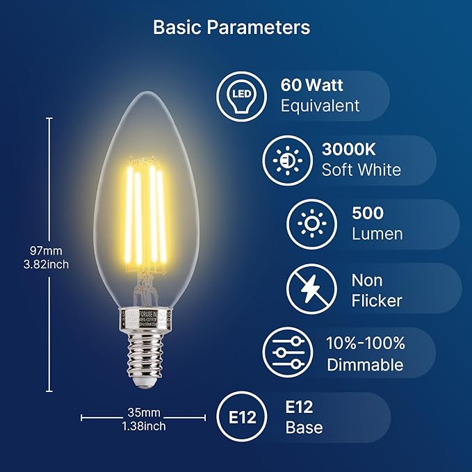 FLSNT 60W Equivalent LED Chandelier Light Bulbs, Dimmable LED B11 E12 Candelabra Base Bulbs, 3000K Warm White, 500LM, 6 Pack