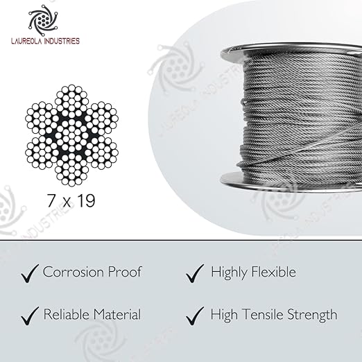 Laureola 1/8" 7x19 Stainless Steel Aircraft Wire Rope 304 Grade (300ft)
