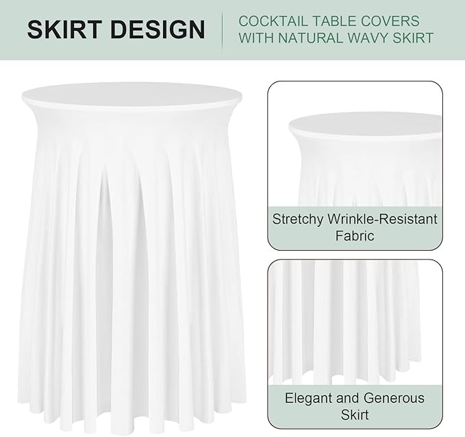 Cocktail Table Covers - 2 Pack 32"x 43" White Cocktail Table Tablecloth with Natural Wavy Round Skirt for Bar Wedding Party Banquet
