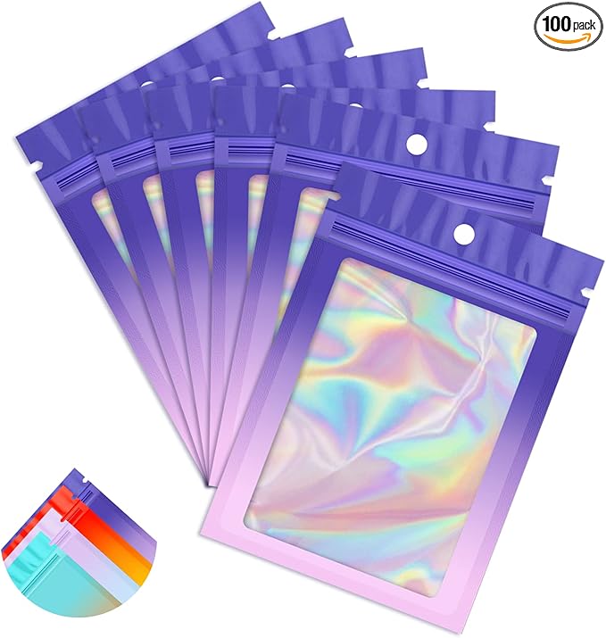 Funfery 100 Pack Holographic Bags,Mylar Resealable Bags with Zipper,Clear Window Packaging Pouch,Foil Bag for Food Storage,Sample Jewelry Baggies(3.1×5.1in,Purple Pink)