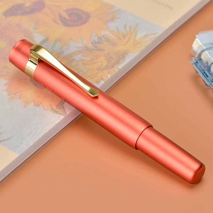 Hongdian M2 Black Forest Mini Fountain Pen, Long Blade Nib & Sleek Shape Aluminium Short Pocket Travel Pen (Orange Red)