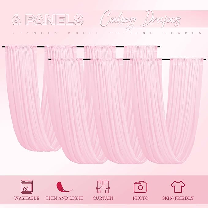 6 Panels Pink Ceiling Drapes for Wedding 5ftx30ft Ceiling Drapes Wedding Arch Draping Fabric Cheesecloth Sheer Curtain Romantic Ceiling Decorations for Weddings Party Banquet Ceremony Stage