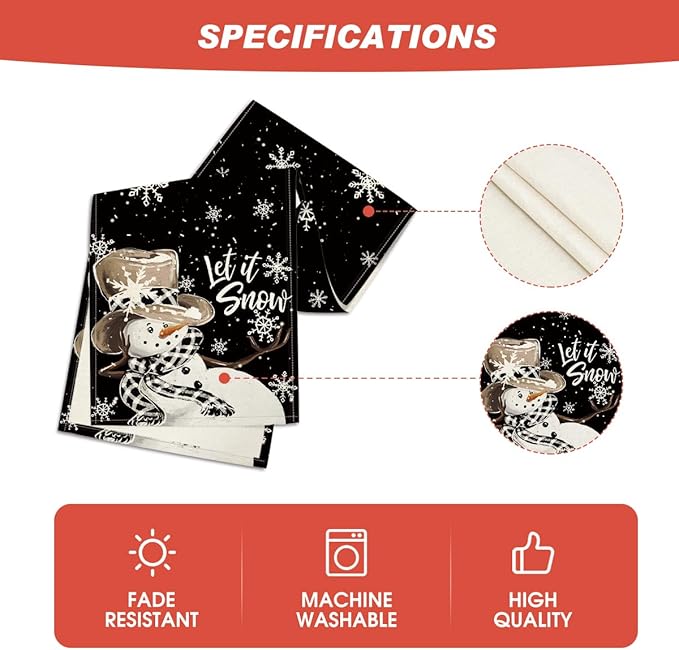 Artoid Mode Black Snowman Snowflake Let it Snow Winter Table Runner, Christmas Kitchen Dining Table Decoration for Home Party Decor 13x48 Inch