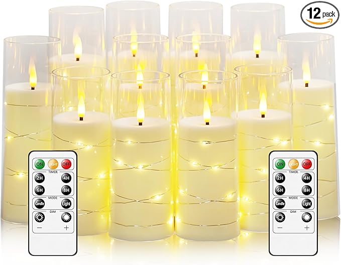 Flameless Candles with Embedded Star String - Battery Operated LED Candles, with Remote,12 Ivory Flickering Candles for Christmas, Weddings, Home Decor & Party,(D 2.3"×H 5" 6" 7")