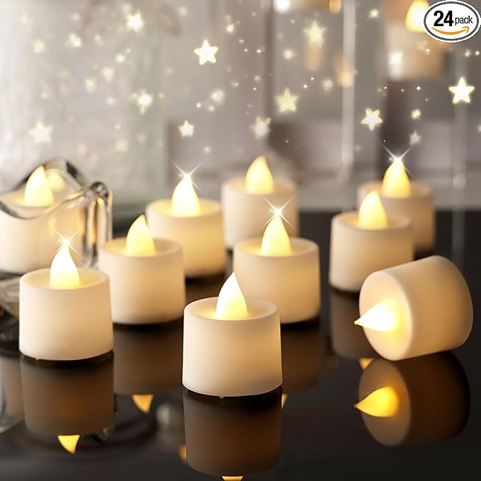 Amagic 24 Pack LED Tea Lights, Flameless Votive Candles, Lasting Electric Fake Small Candles, Battery Operated Tealights Candles for Halloween, Christmas, Home Decor, Wedding, Party, Festival (White)