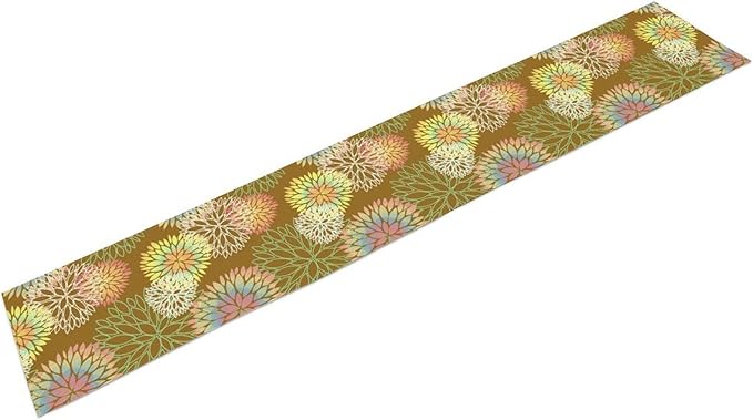 Brown Grey Dahlia Flower Table Runner, Linen Geometric Pattern Floral Table Decor Spring Farmhouse Decorations for Kitchen Dining Holiday Party Decor, 13x120 Inch