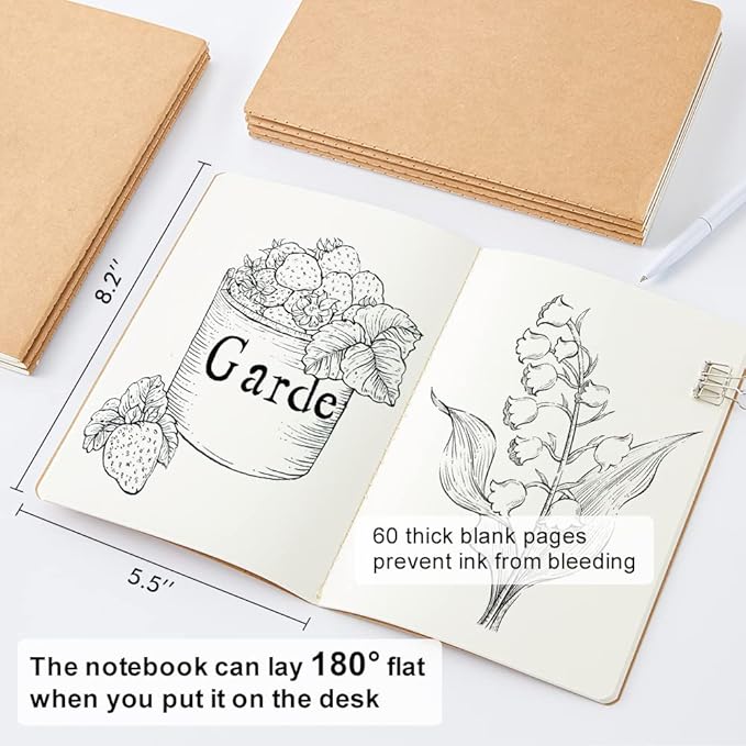 feela 30 Pack Blank Kraft Notebooks, Unlined Sketchbook Note Pad Travel Journal for Drawing Doodling Writing, Journal Bulk For Women Kids Students Office School Supplies, A5, 60 Pages, 8.3” X 5.5”