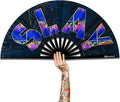 UV Glow Rave Fan, Bamboo Folding Clack Hand Fans Foldable for Men Women, Boots on the Ground Poping Fan for EDM Festival Line Dance Decoration, (Slay, Large 13")
