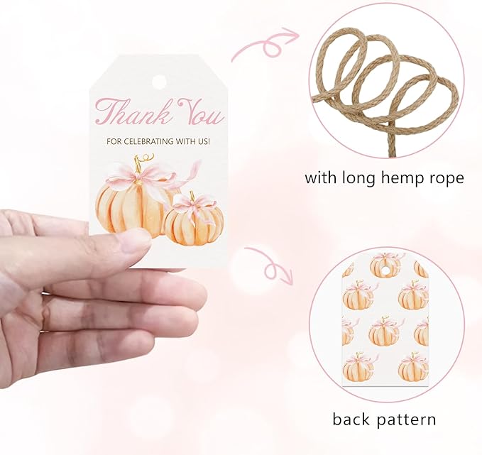 50pcs Little Pumpkin Thank You Tags, Pink Bow Fall Theme Favor Tags for Girl Coquette Baby Shower and Birthday Party Gift Wrapping Decoration (Pink Bow)