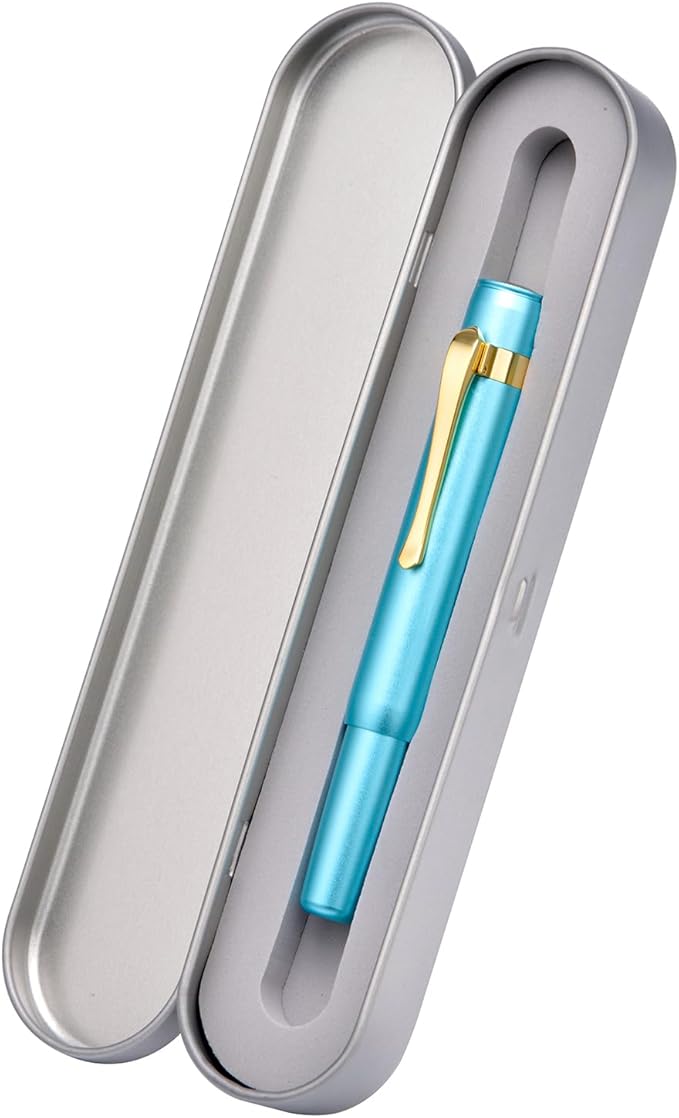 HONG DIAN M2 Black Forest Mini Fountain Pen, Extra Fine Soft Nib & Sleek Shape Aluminium Short Pocket Travel Pen (Lake Blue)