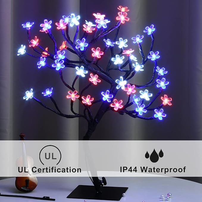 Pooqla 18 Inch 48 LED RGB Cherry Blossom Tree Light with Remote 16 Color-Changing LED Artificial Flower Bonsai Tree Table Top Lamp Home Lit Tree Centerpieces Christmas Decor