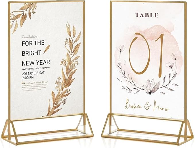 16 Pack Gold Acrylic Sign Holder, 4x6 Inch Picture Frames Wedding Double Sided Display Clear Sign Holders Stand Desktop Table Menu for Wedding Party Restaurant