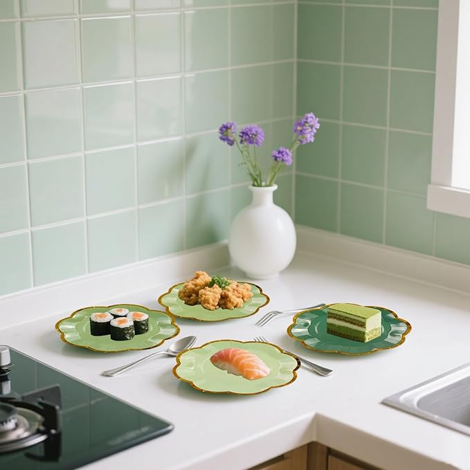 48Pcs Sage Green Scalloped Party Plates - 7inch Gold Foil Gradient Green Dessert Paper Plate Disposable Cake Plates for Birthday Bridal Baby Shower Wedding Party Decorative Supplies