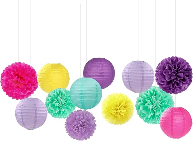 Hot-Pink Purple-Teal Yellow Paper-Flowers Lanterns - 15pc Kids Magic Theme Birthday Party Decorations Tissue Pom Poms Streamers,Bachelorette Bridal Baby Shower Engagement Wedding Decor Panduola