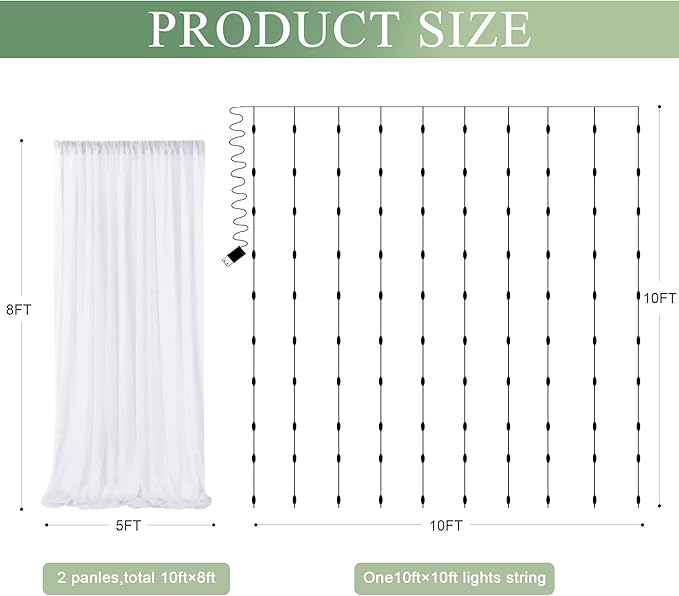 Tulle Backdrop Curtain with Lights String 10FT X 8FT White Sheer Tulle Backdrop Curtains for Wedding Birthday Party Reception Photo Booth Background Decorations (2 Panels 5x8FT)