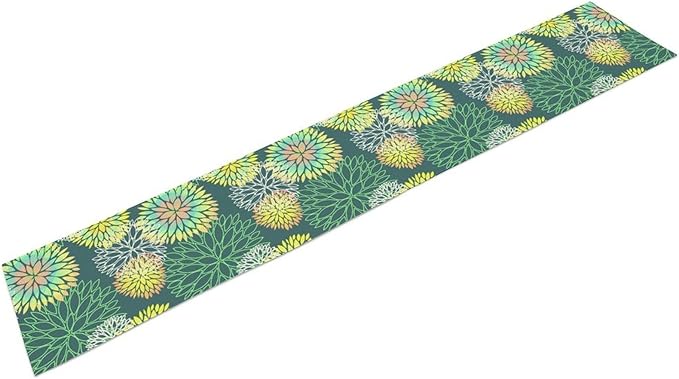 Green Dahlia Flower Table Runner, Linen Geometric Pattern Floral Table Decor Spring Farmhouse Decorations for Kitchen Dining Holiday Party Decor, 13x36 Inch