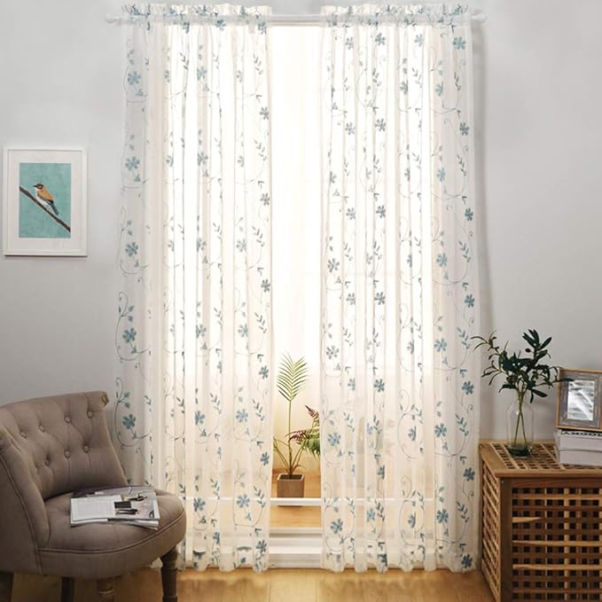 Sheer Curtains Blue 45 Inch Embroidered Floral, Rod Pocket Voile Drapes for Living room, Bedroom, Window Treatments Semi Crinkle Curtain Panels for Yard, Patio, Villa, Parlor, Set of 2, 52"x 45".