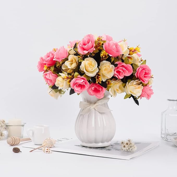 LESING Artificial Fake Flowers with Vase Silk Artificial Roses Wedding Flowers Bouquets Home Office Party Meeting Room Decoration (Pink-1)