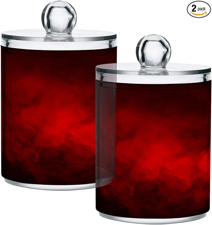 Gredecor 2 Pack Qtip Holder Clear Red Apothecary Jars with Lids Plastic Acrylic Bathroom Jars Vanity Countertop Canister Storage Organizer for Cotton Ball,Swabs,Pads,Floss