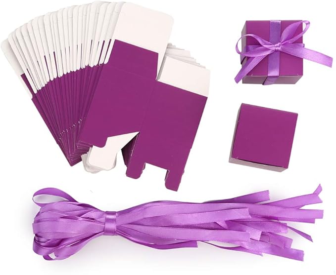 AWELL Purple Gift Candy Box Bulk 2x2x2 inches with Purple Ribbon Party Favor Box,Pack of 50