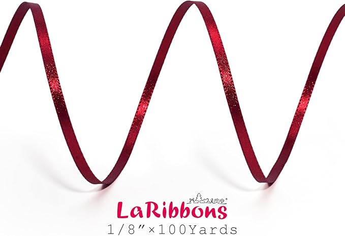 LaRibbons Burgundy Satin Ribbon 1/8 Inch 100 Yards Luxury Double Faced Red Silk Ribbon for Flower Bouquet Crafts Gift Wrapping Wedding Bow Christmas Decoration