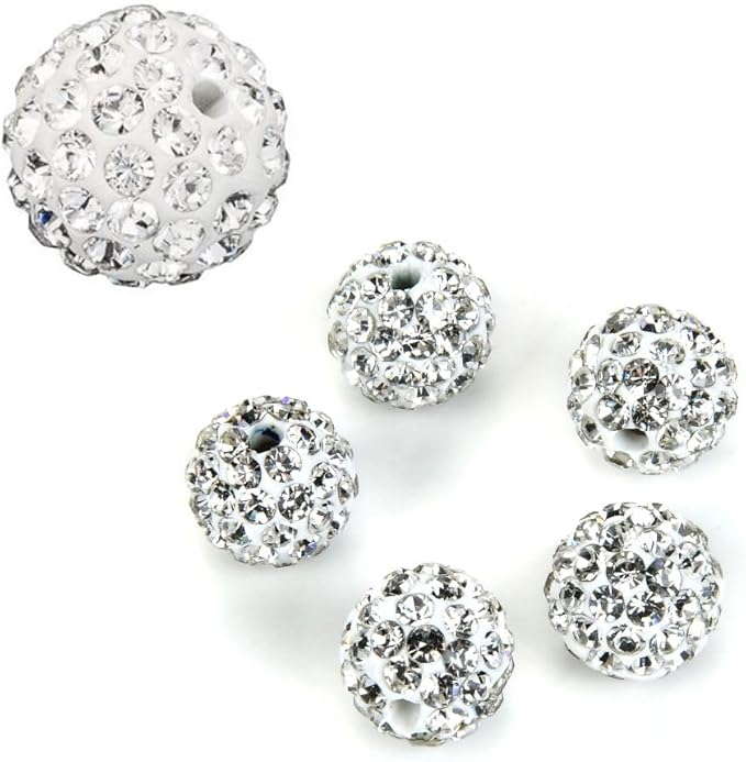 100pcs Adabele Grade A Suncatcher Crystal Rhinestone Pave Loose Beads 10mm Clear White Polymer Clay Disco Ball Spacers Compatible with Shamballa All Craft Jewelry Making DB10-1