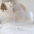 JINMURY Frosted Arch Wedding Table Numbers 1-10 with Stands, 5x7 Inch Acrylic Arch Sign with Golden Lettering, Frosted Acrylic Table Numbers for Wedding Reception