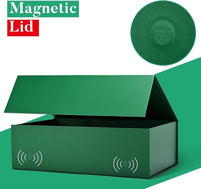 LIFELUM Gift Boxes with Lids 2 Pack 13.85 x 8.35 x 4.45 inch Green Christmas Gift Boxes with Strong Magnetic Lid for Presents with Luxury Accessories Card, Ribbon, Filler,Sticker